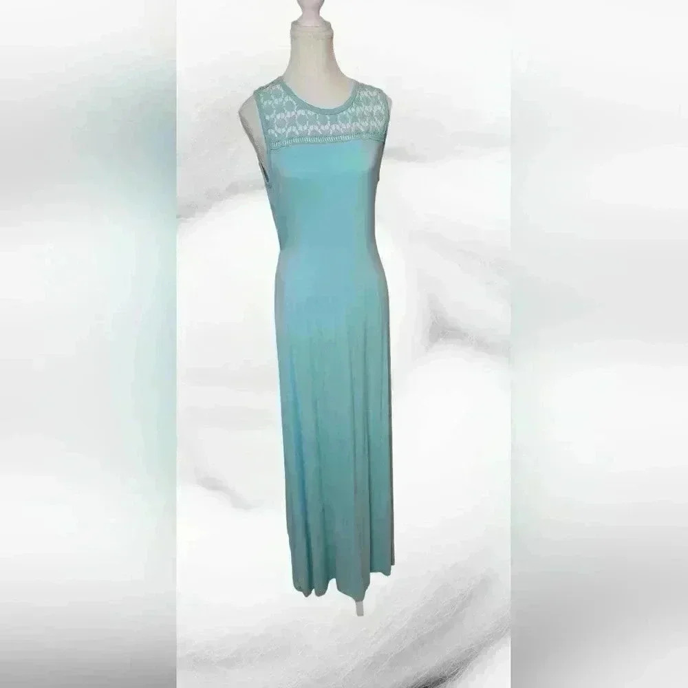 CALVIN KLEIN GOWN DRESS LONG FLORAL CROCHET LACE AQUA GREEN SIZE 10